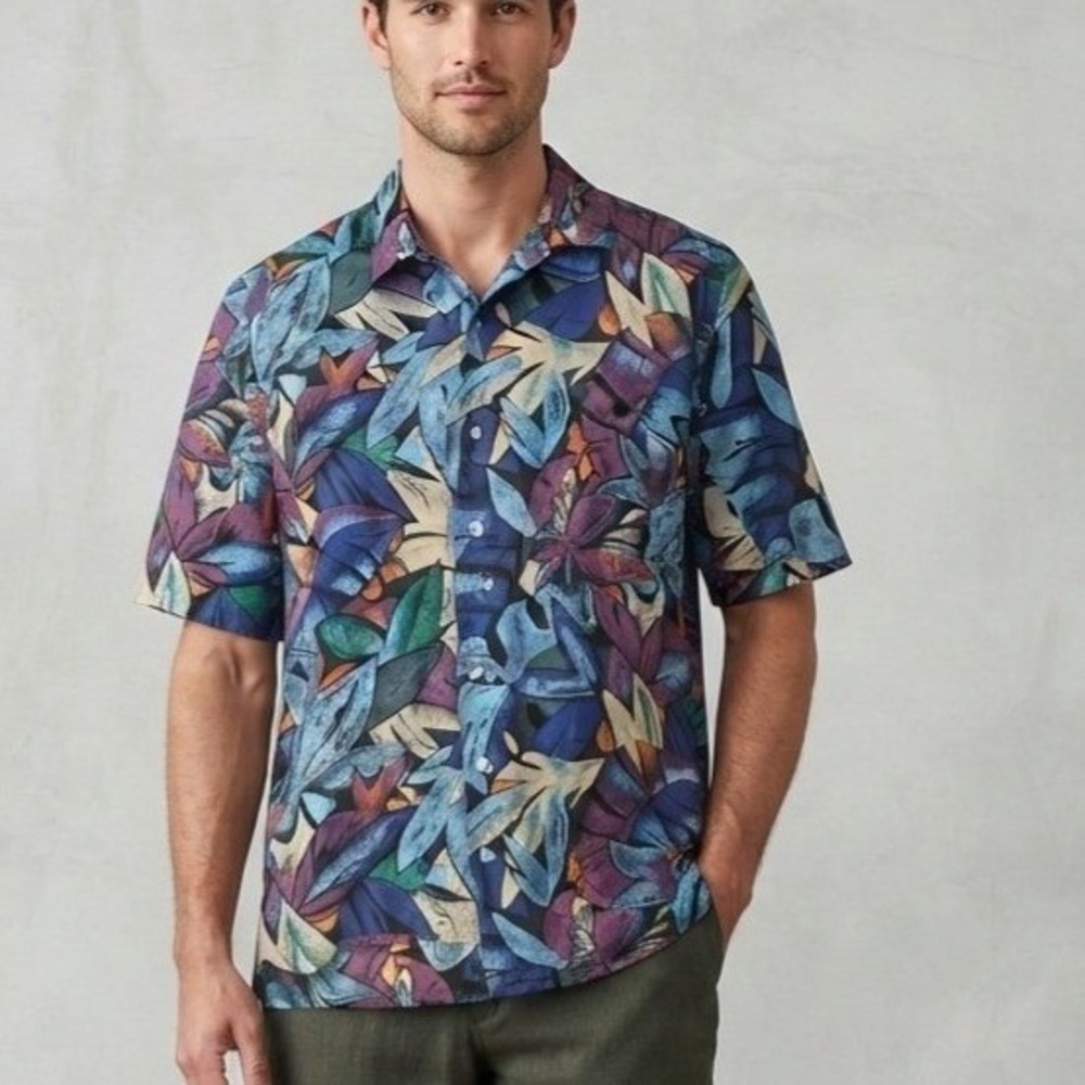 Hilo Hattie Tropical Silk Leaf Print Aloha Hawaiian Camp Shirt XL‎